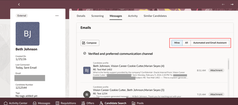 Messages Tab on Candidate Profile