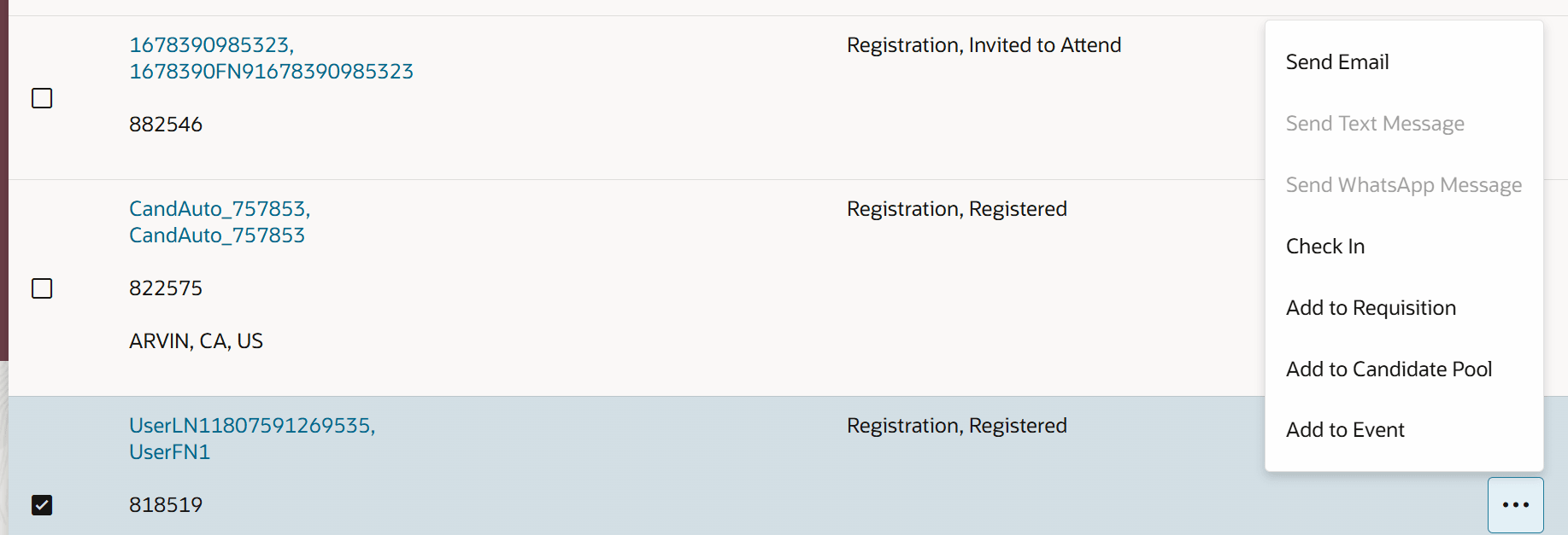 Check in a candidate with the status of Registration, Registered