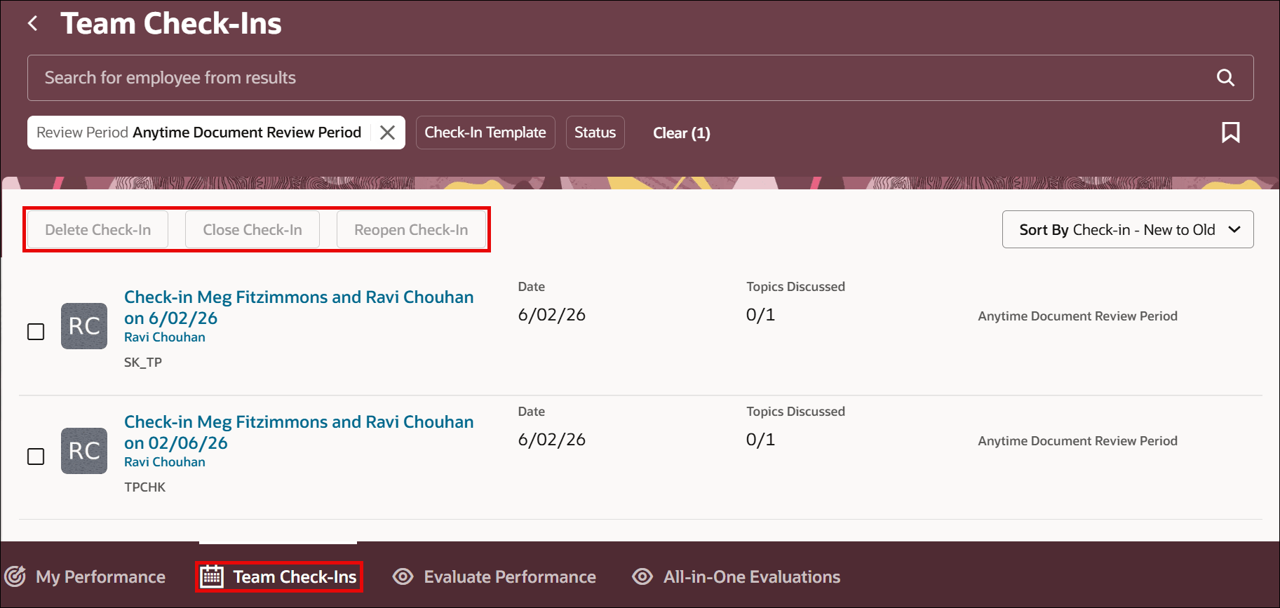 Team check-in page