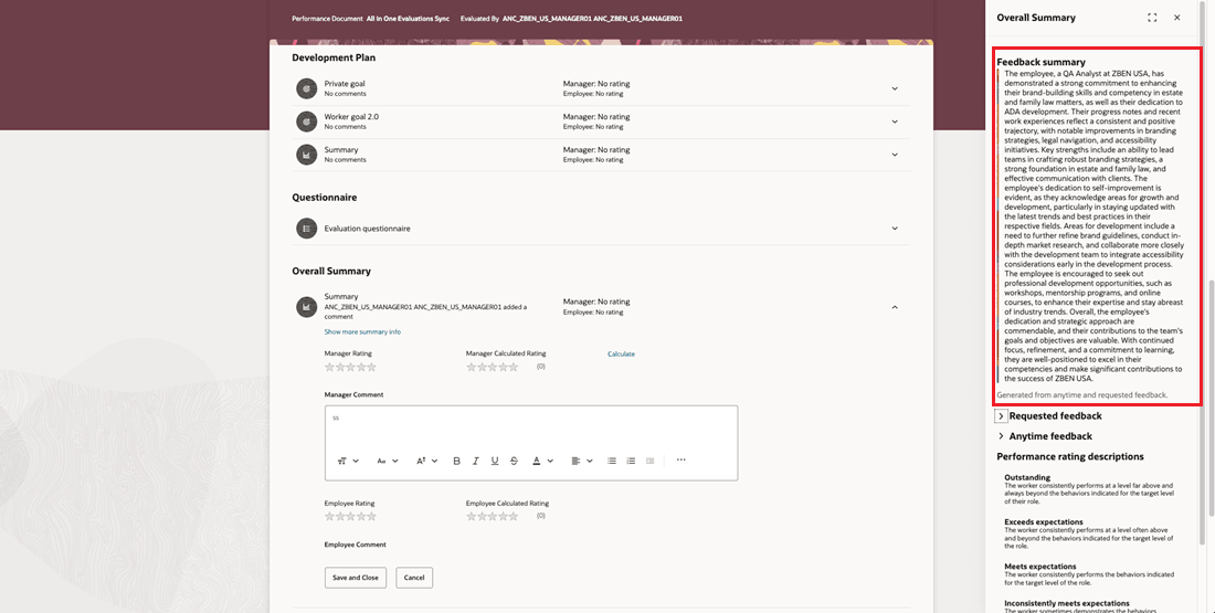 This image illustrates the generated feedback summary content highlighted in a performance document. 