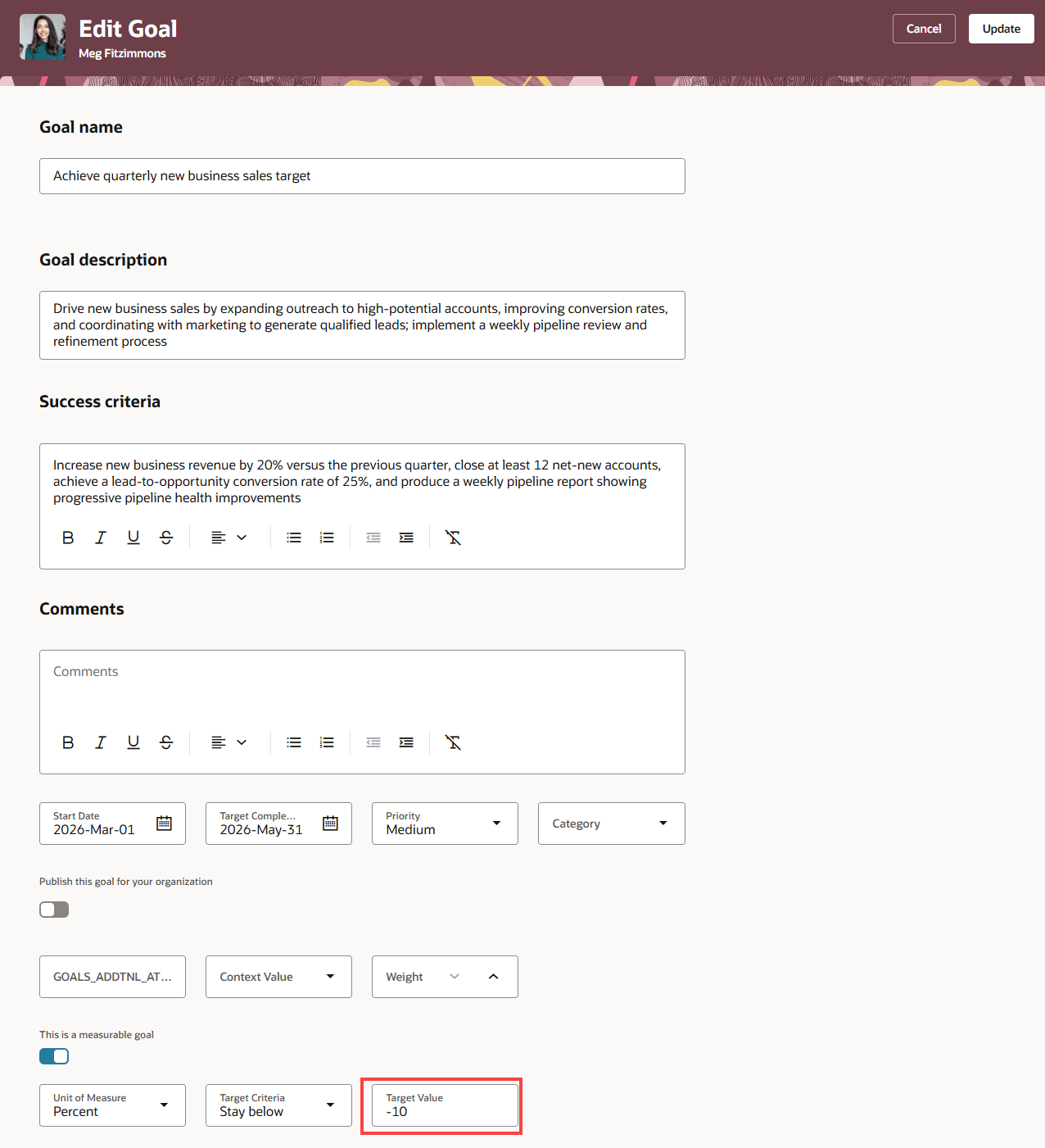Edit Goal page with negative Target Value measurement