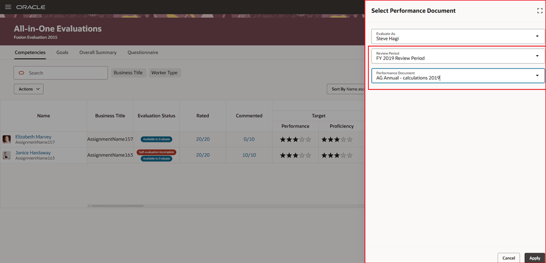 Screenshot of the All-in-One Evaluations page with the redesigned review period and performance document selection panel drawer.