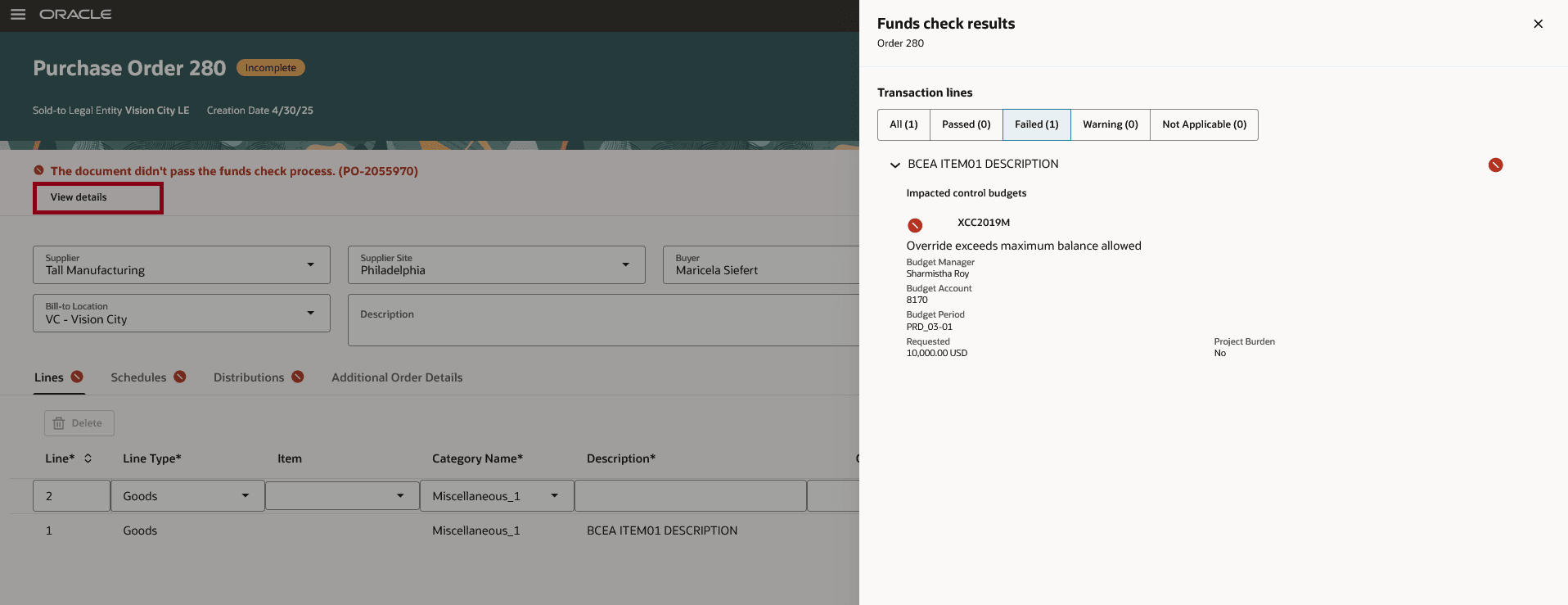 View Funds Check Results Drawer