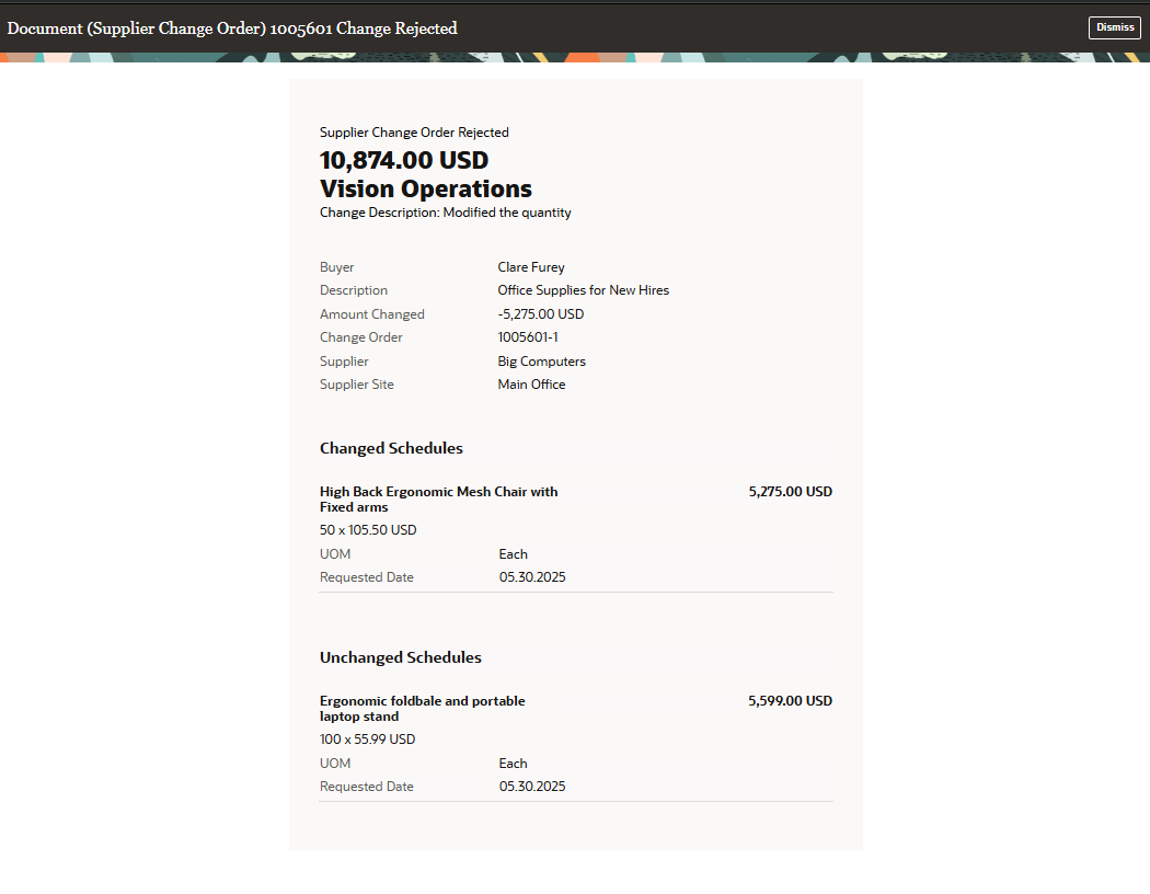 Purchase Order Supplier Change Order Rejected Notification