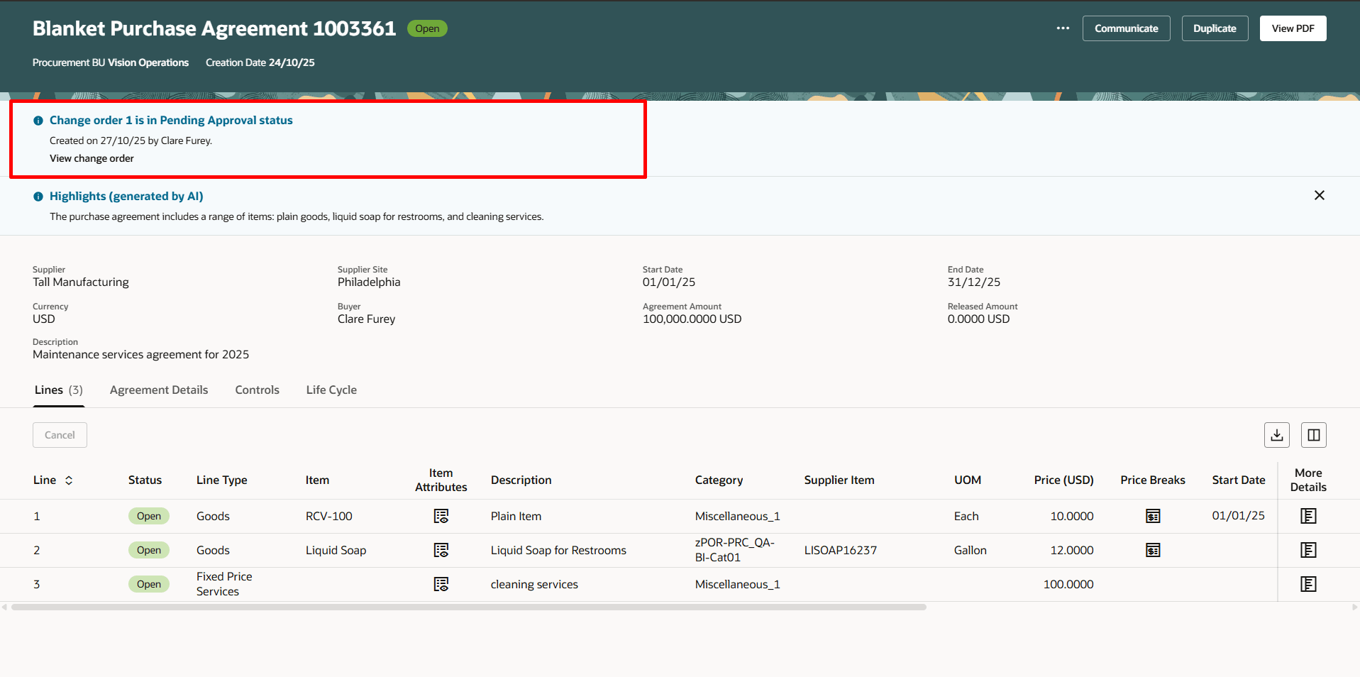 View Change Order from Redwood View Purchase Agreement page