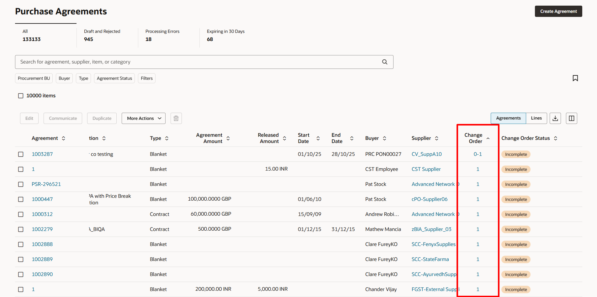 Navigate to Purchase Agreement Change Order by Clicking on the Change Order Hyperlink
