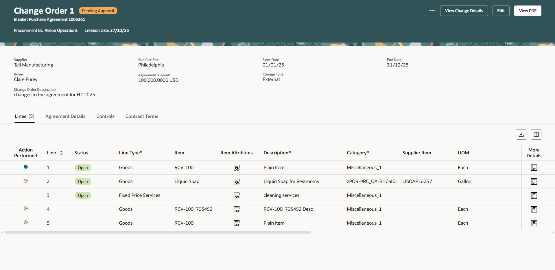 Purchase Agreement Header and Line Details on the View Change Order Page