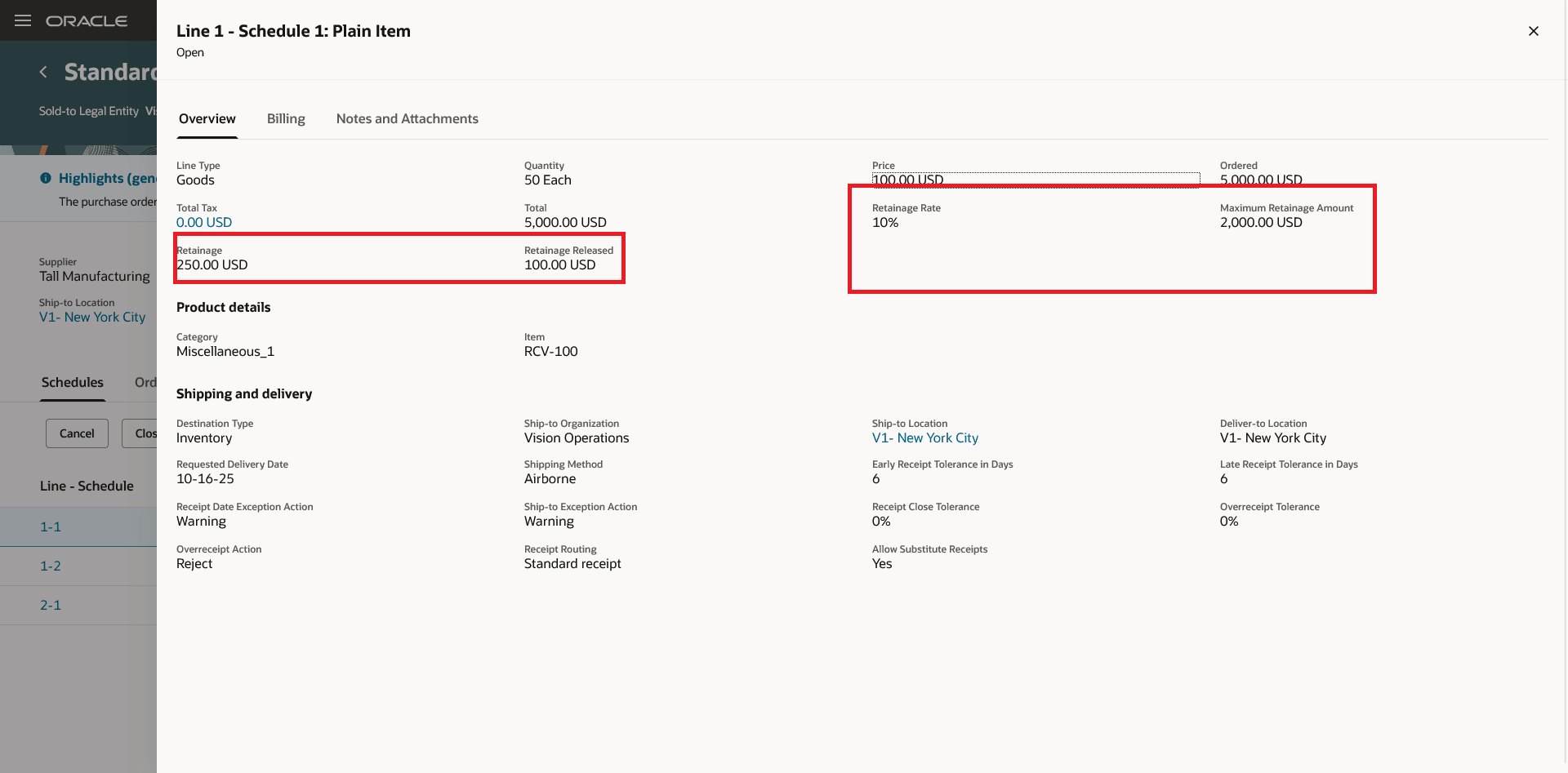 Retainage Terms in the View Purchase Order Page