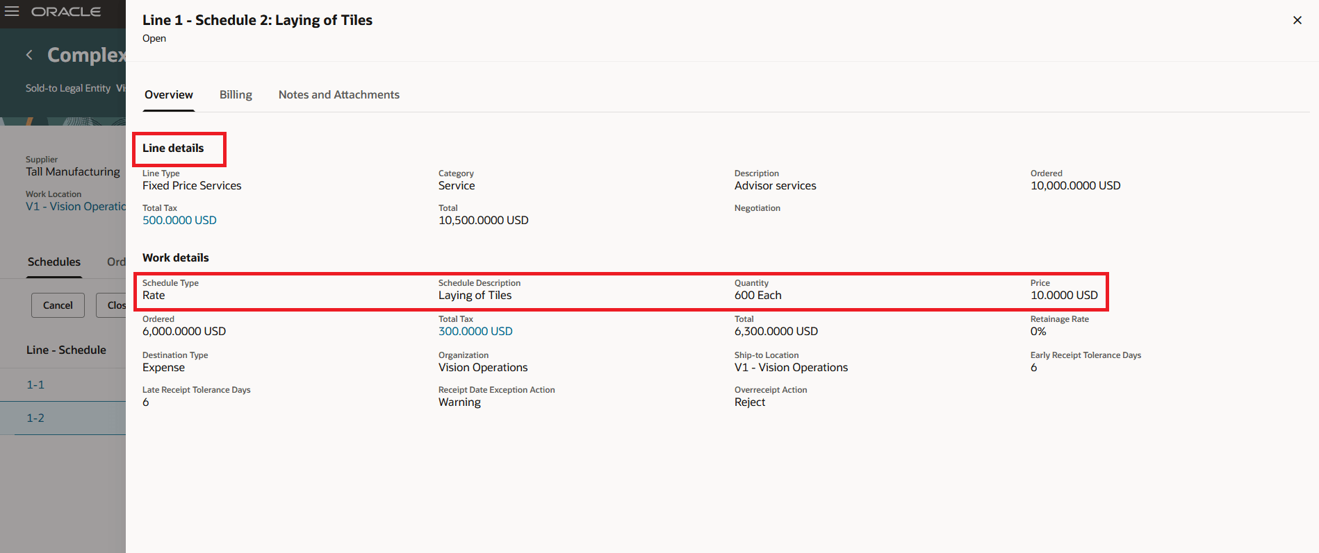 Line Details and Schedule Details of a Rate Based Schedule