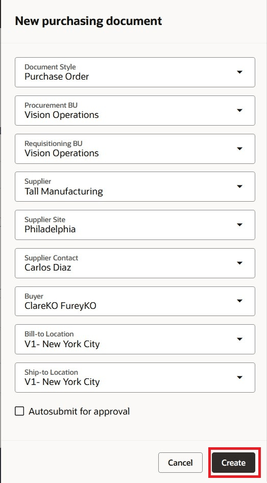 New Purchasing Document Drawer