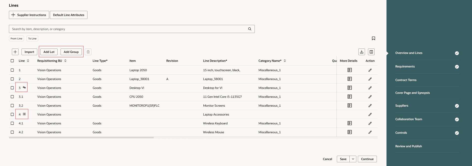 Add Lots and Groups