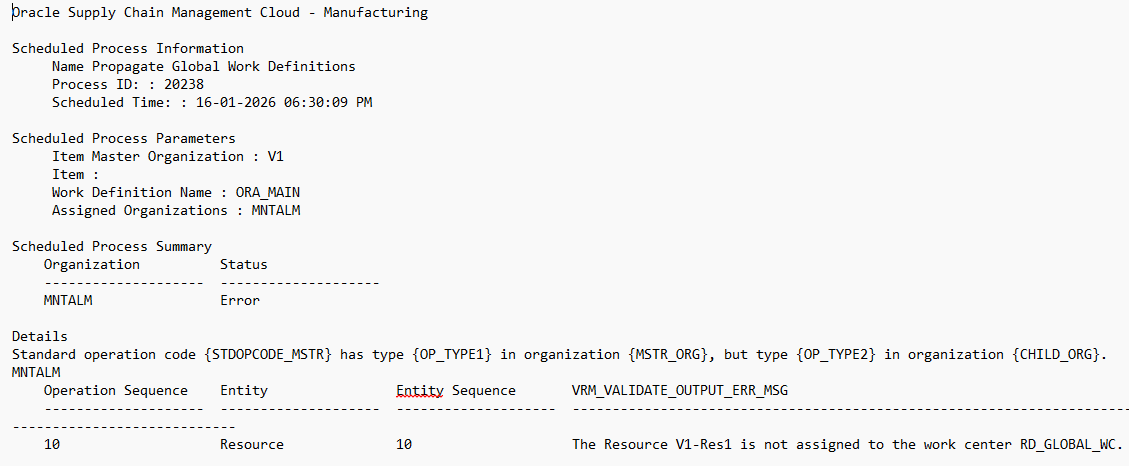 Example of process errors when assigning work definition to child organization.