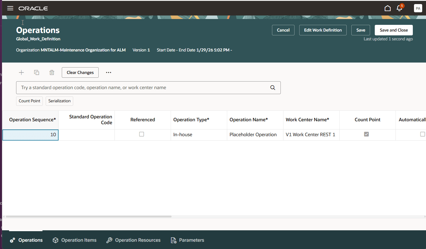 Read-only work definition on operations tab in child organization.