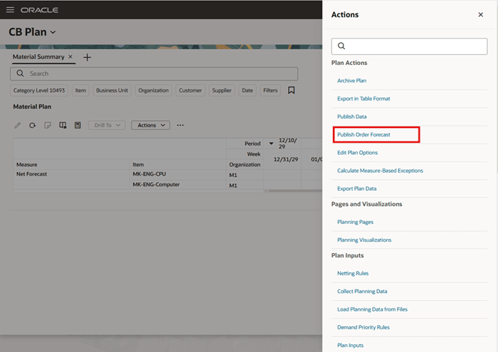 Publish Order Forecast Menu Option