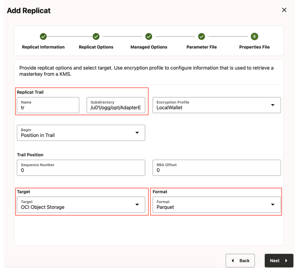 Enter the Replicat Options and click Next. Enter the Replicat Options and click Next.