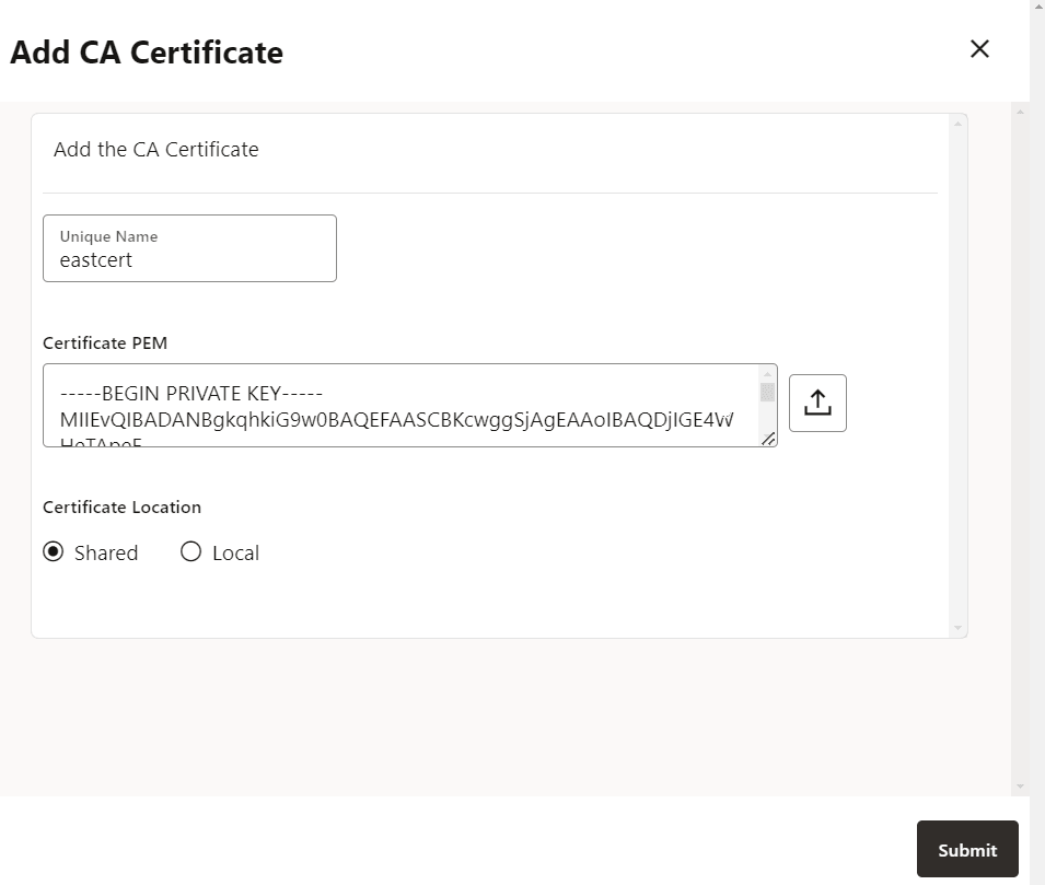 Add the root certificate as a trusted certificate to the CA certificates in the GoldenGate deployment Add the root certificate as a trusted certificate to the CA certificates in the GoldenGate deployment