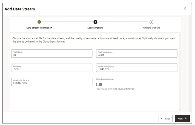 Data Stream dialog box: Source Options page