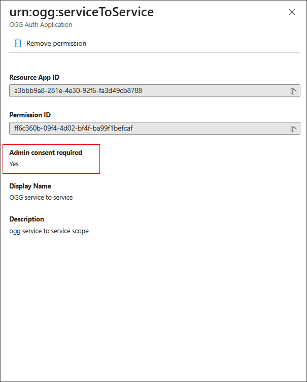 Admin consent required is set to Yes in the urg:ogg:serviceToService.