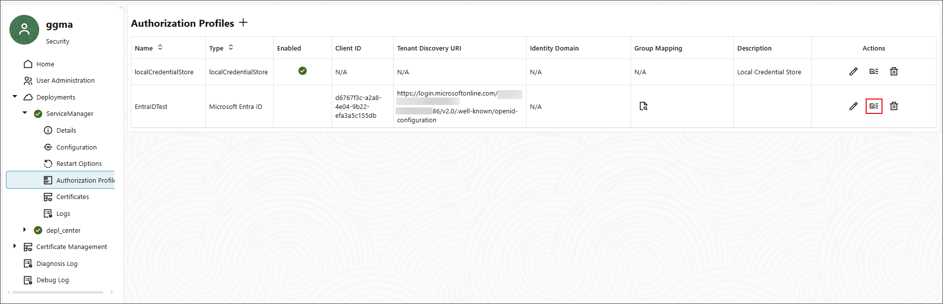 Authorization Profile page in Service Manager displays the EntraID authorization profile.