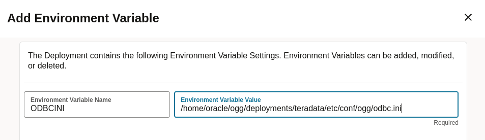 Set the ODBCINI environment variable value from the Oracle GoldenGate web interface. Set the ODBCINI environment variable value from the Oracle GoldenGate web interface.