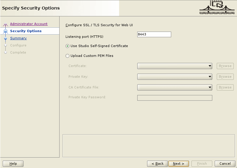 Security options configured in the Specify Security Options screen of the GoldenGate Studio Configuration Wizard Security options configured in the Specify Security Options screen of the GoldenGate Studio Configuration Wizard