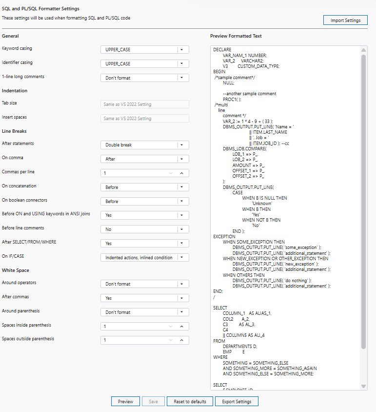 Screenshot of SQL and PL/SQL Formatter Settings page Screenshot of SQL and PL/SQL Formatter Settings page