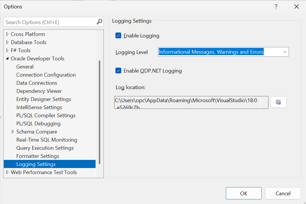 Screenshot of the Logging Settings dialog Screenshot of the Logging Settings dialog