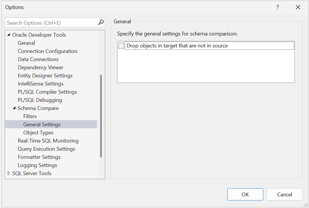 Screentshot of Schema Compare General Settings Screentshot of Schema Compare General Settings