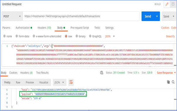 Screen capture of the API call and response showing the smart contract address in the payload response field.