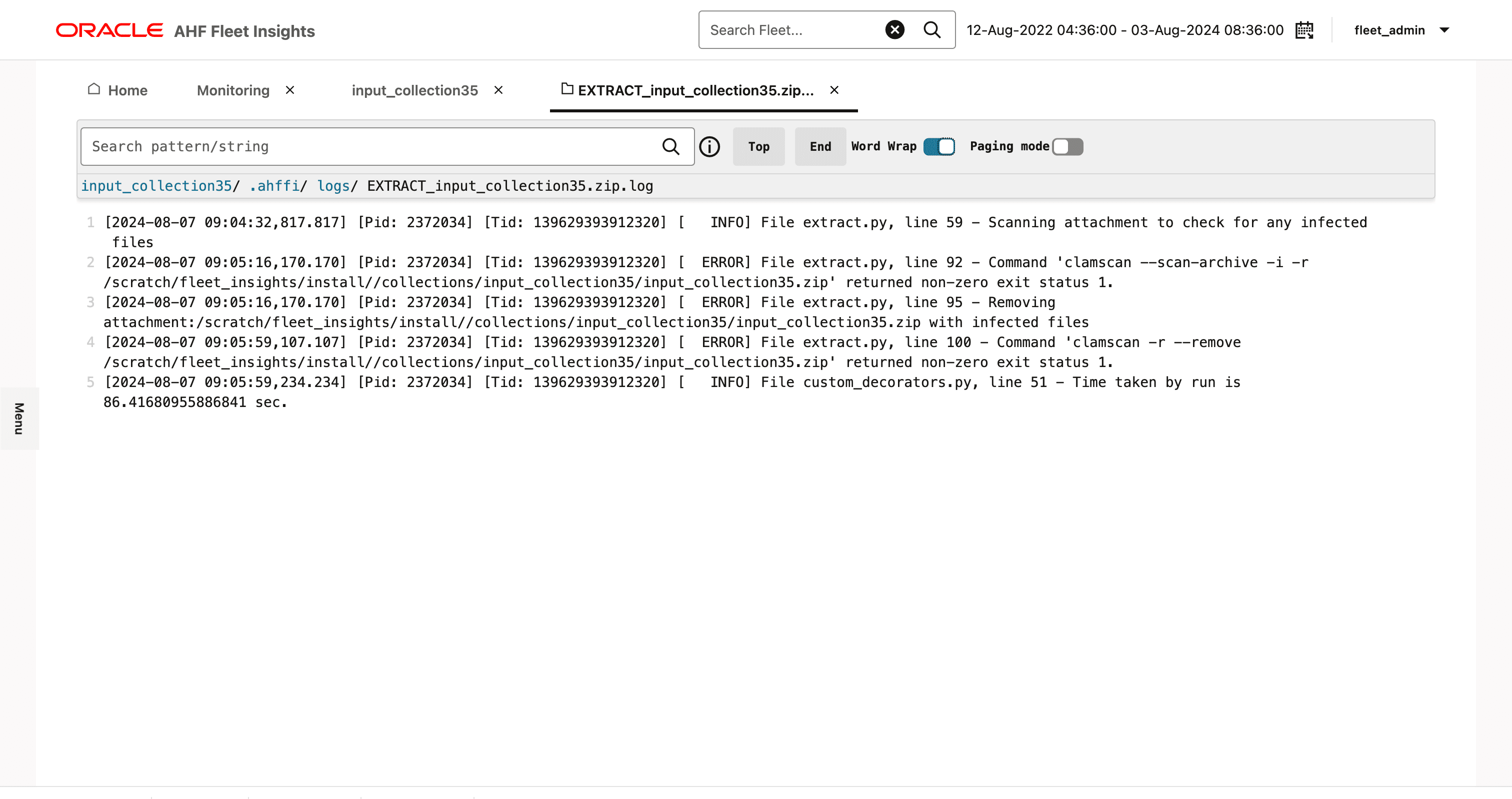 This image illustrates failed collection upload logs This image illustrates failed collection upload logs