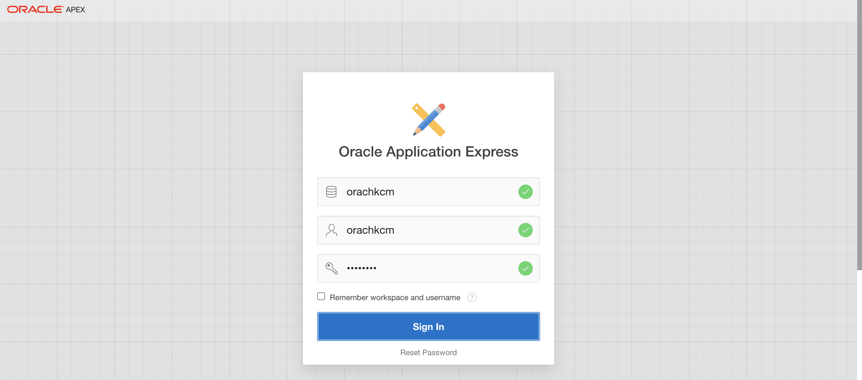 The image illustrates Oracle Application Express login. The image illustrates Oracle Application Express login.