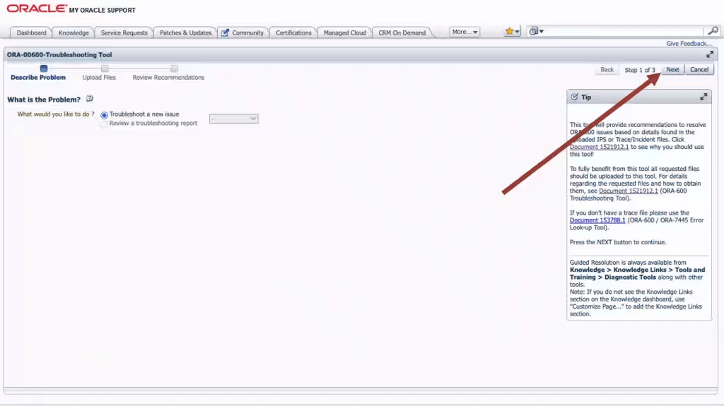 This image illustrates My Oracle Support ORA-00600 troubleshooting tool