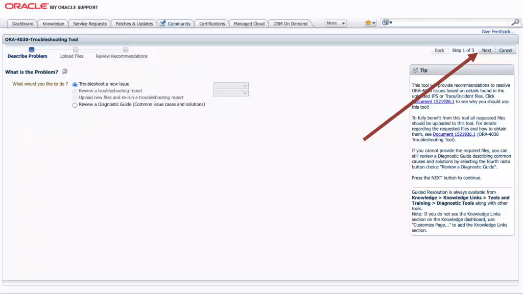 This image illustrates My Oracle Support ORA-04030 troubleshooting tool This image illustrates My Oracle Support ORA-04030 troubleshooting tool