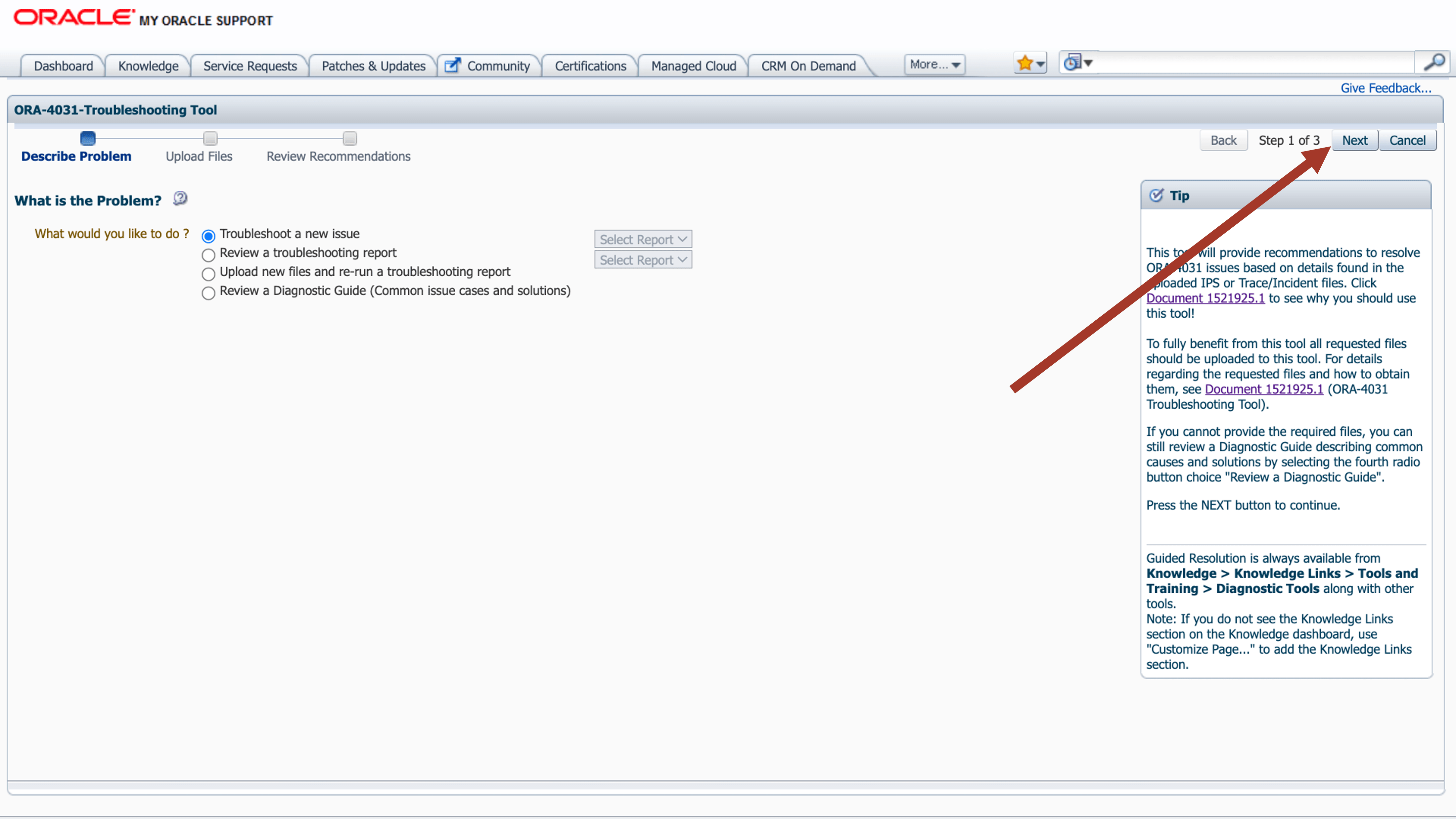 This image illustrates My Oracle Support ORA-04031 troubleshooting tool This image illustrates My Oracle Support ORA-04031 troubleshooting tool