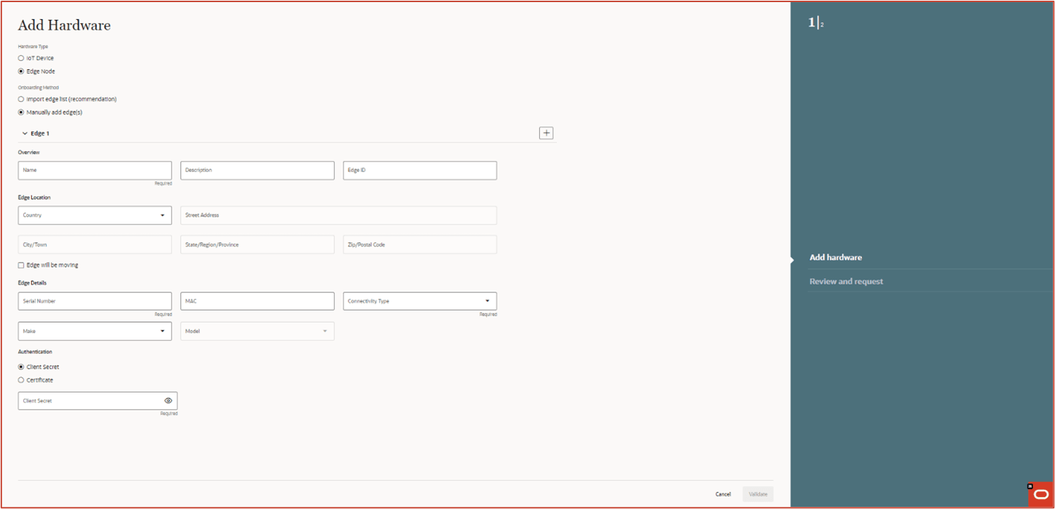 Onboarding screen showing the Edge authentication fields Onboarding screen showing the Edge authentication fields