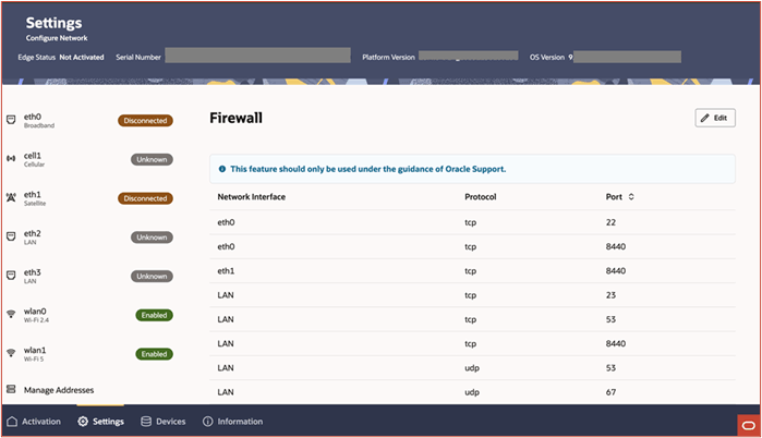 The image shows the firewall settings page displaying the current list of configured firewall rules for different network interfaces. The image shows the firewall settings page displaying the current list of configured firewall rules for different network interfaces.
