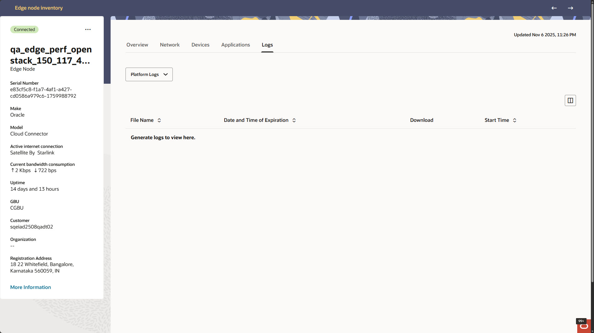 This screen capture shows an example of the Edge Nodes Log tab with a context chooser that displays platform log files. Each row displays the file name, the timestamp, and the download icon. This screen capture shows an example of the Edge Nodes Log tab with a context chooser that displays platform log files. Each row displays the file name, the timestamp, and the download icon.