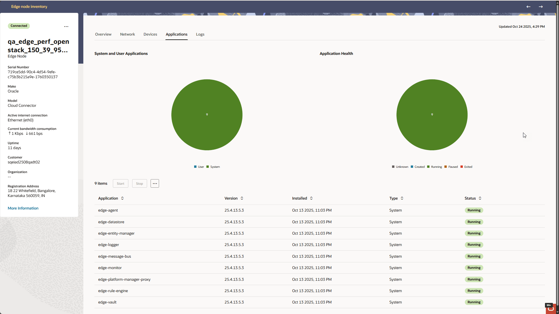 This screen capture shows an example of the Applications screen on the Edge Node device details page with sample data. This screen capture shows an example of the Applications screen on the Edge Node device details page with sample data.
