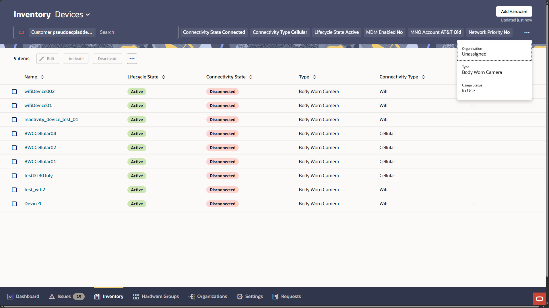 This screen capture shows the Inventory page with default column headings and the actions you can perform on the devices. This screen capture shows the Inventory page with default column headings and the actions you can perform on the devices.