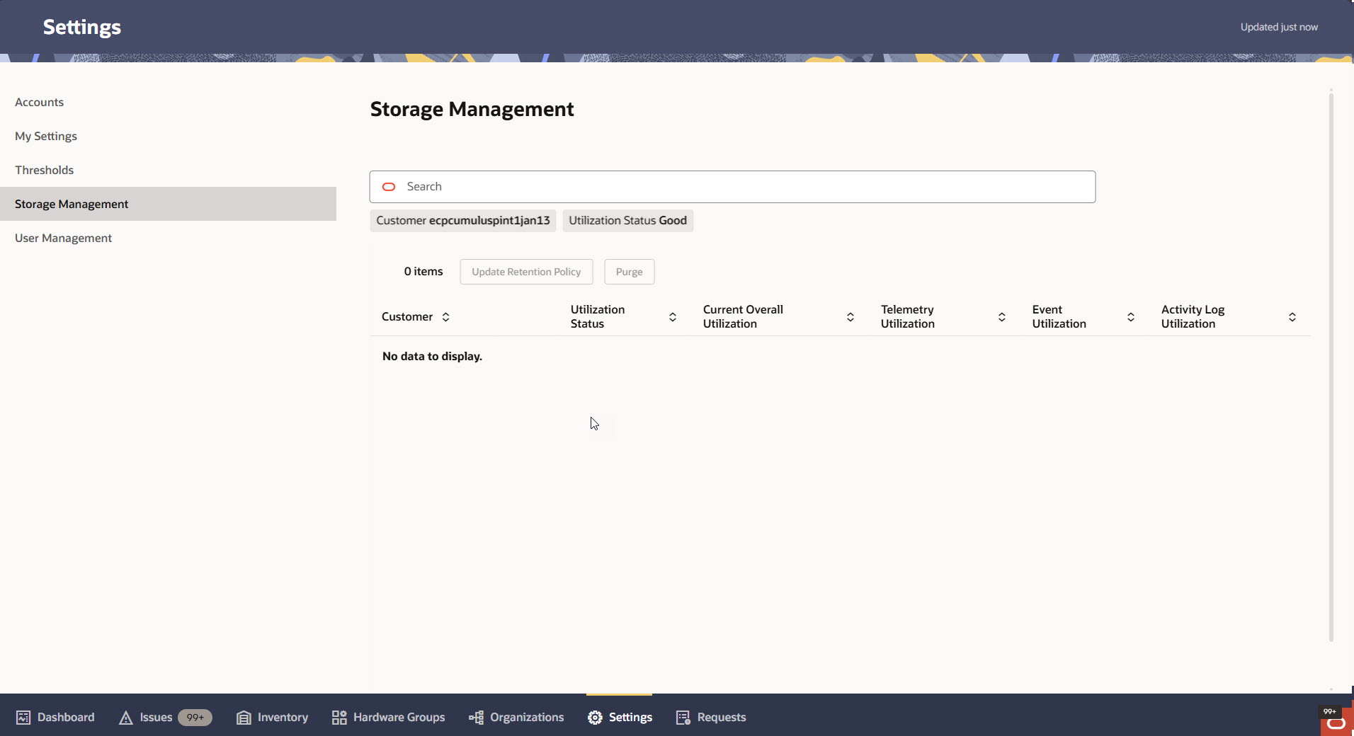 This screen capture shows an example of the Storage Management page with the customer utilization table. This screen capture shows an example of the Storage Management page with the customer utilization table.