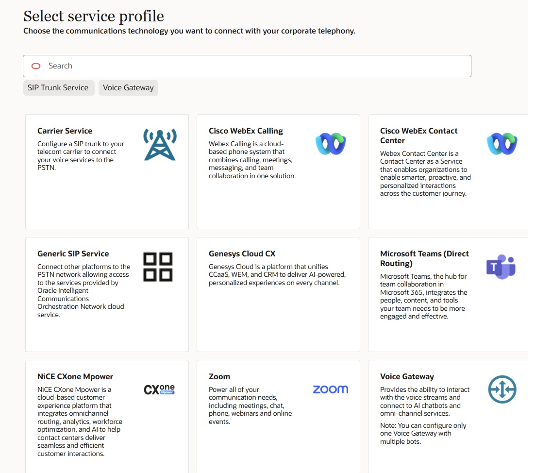 This screen capture shows an example of the Select Service Profile page with tiles for each available service. This screen capture shows an example of the Select Service Profile page with tiles for each available service.