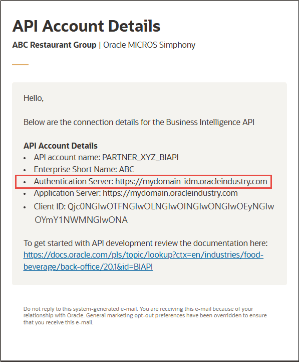 Screenshot of the email with the Authentication Server field in a red box Screenshot of the email with the Authentication Server field in a red box