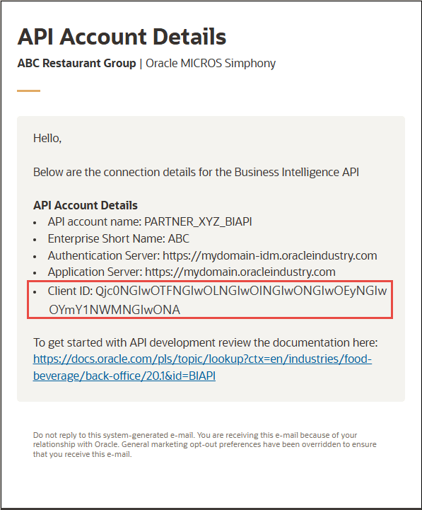 Screenshot of the email with the Client ID field in a red box Screenshot of the email with the Client ID field in a red box