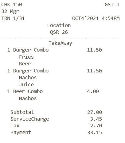 This image shows a check example with several combo items including the two burger combos and one beer combo. This image shows a check example with several combo items including the two burger combos and one beer combo.