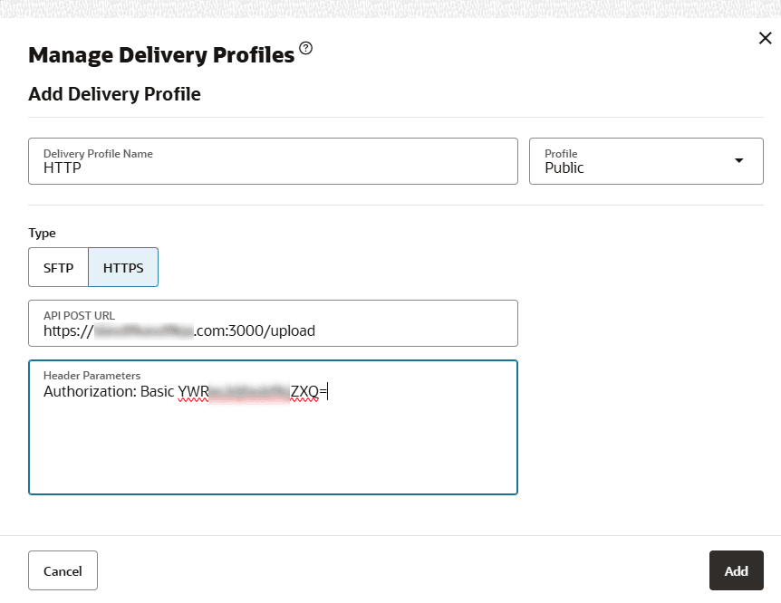 Shows the Add Delivery Profile page with an example configuration for posting to a custom web service and specification of basic authorization within the header parameters. Shows the Add Delivery Profile page with an example configuration for posting to a custom web service and specification of basic authorization within the header parameters.