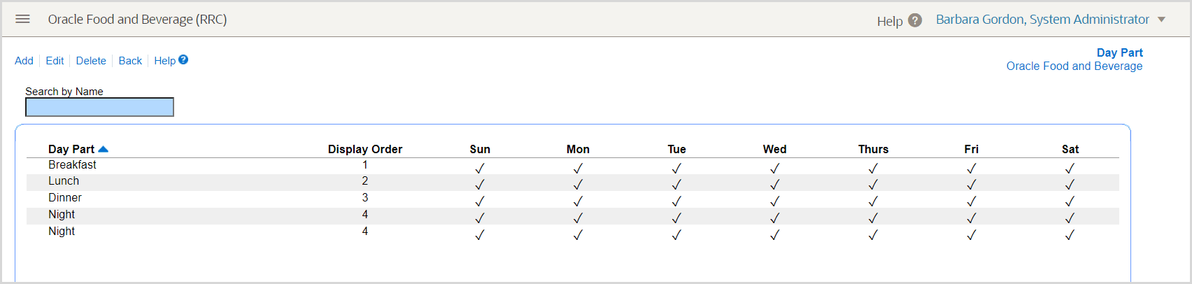 The image shows the configuration for a night day part that spans over midnight as it appears in Reporting and Analytics. The image shows the configuration for a night day part that spans over midnight as it appears in Reporting and Analytics.