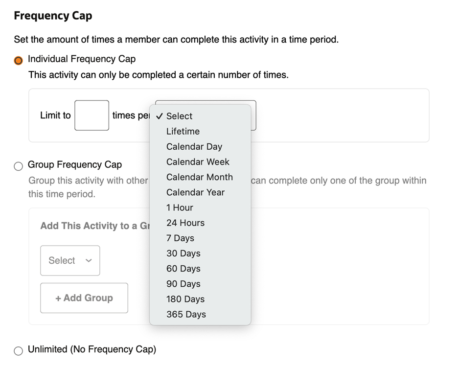 This image shows the Individual Frequency Cap time options. This image shows the Individual Frequency Cap time options.