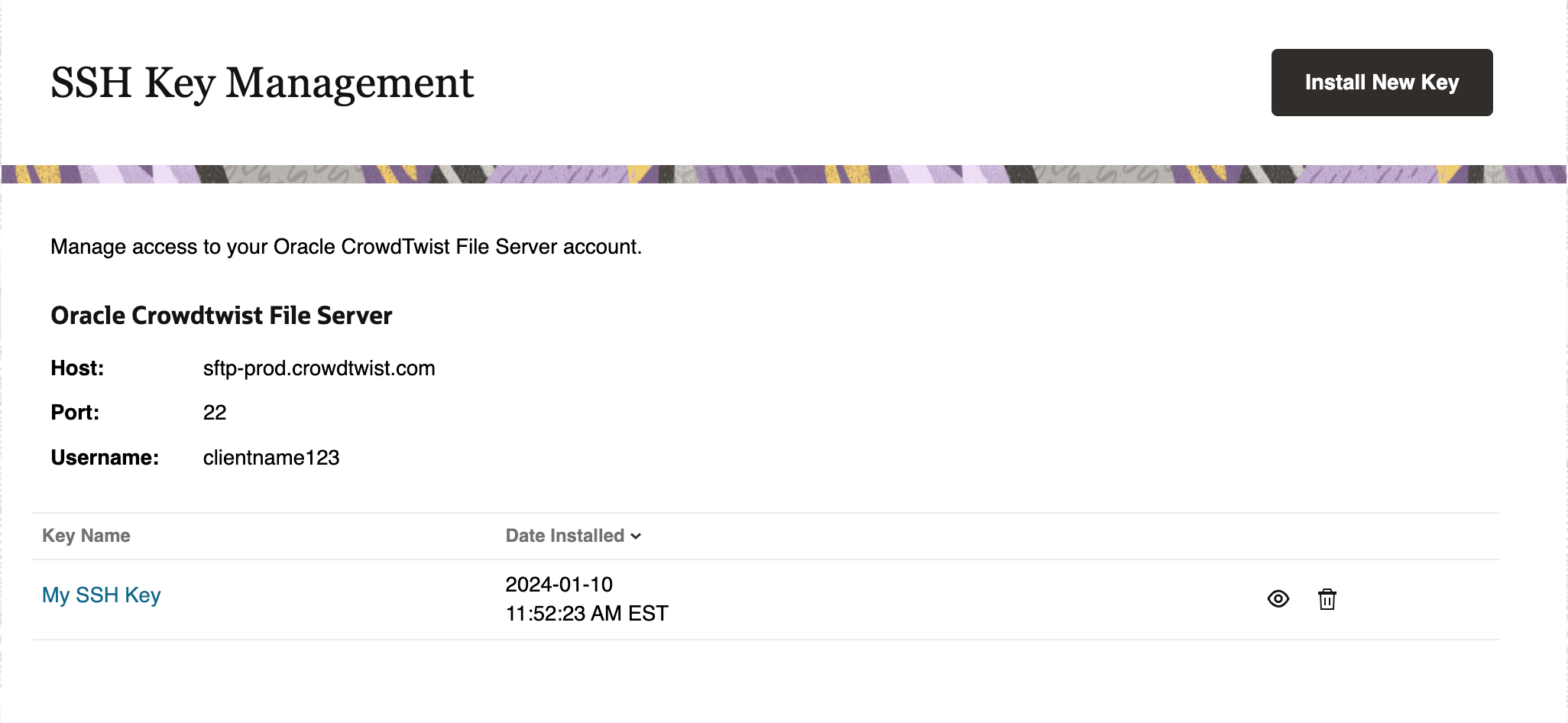 This image displays the SSH Key Management page. This image displays the SSH Key Management page.