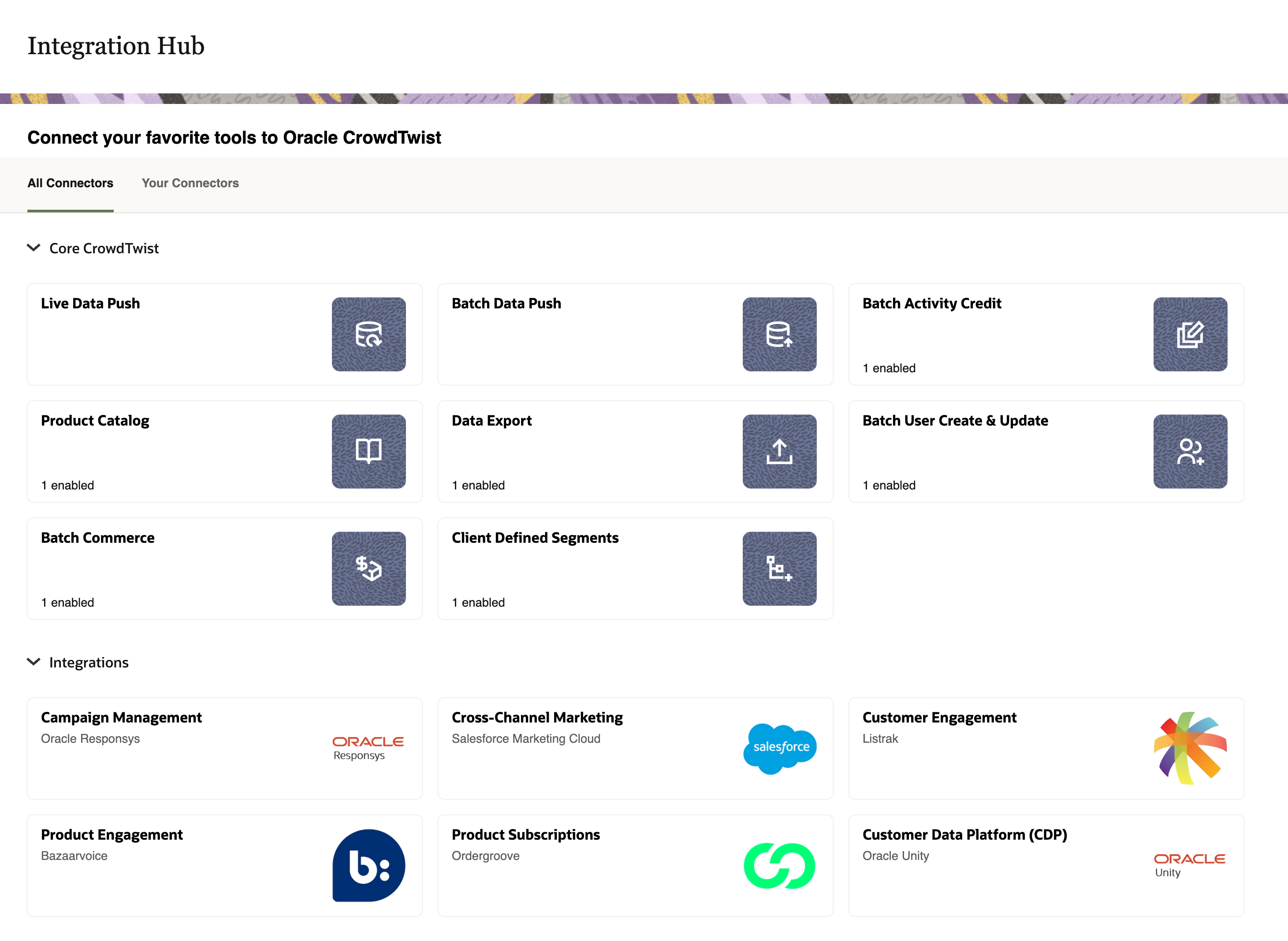 This image displays the Integration Hub page and its subsections (Core CrowdTwist and Integrations). This image displays the Integration Hub page and its subsections (Core CrowdTwist and Integrations).
