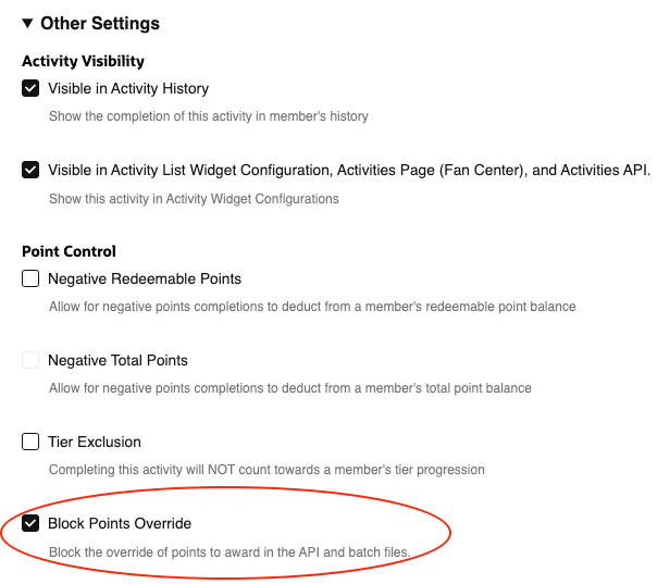 This image displays the Other Settings drop down menu, with the Block Points Override Point Control setting enabled. This image displays the Other Settings drop down menu, with the Block Points Override Point Control setting enabled.